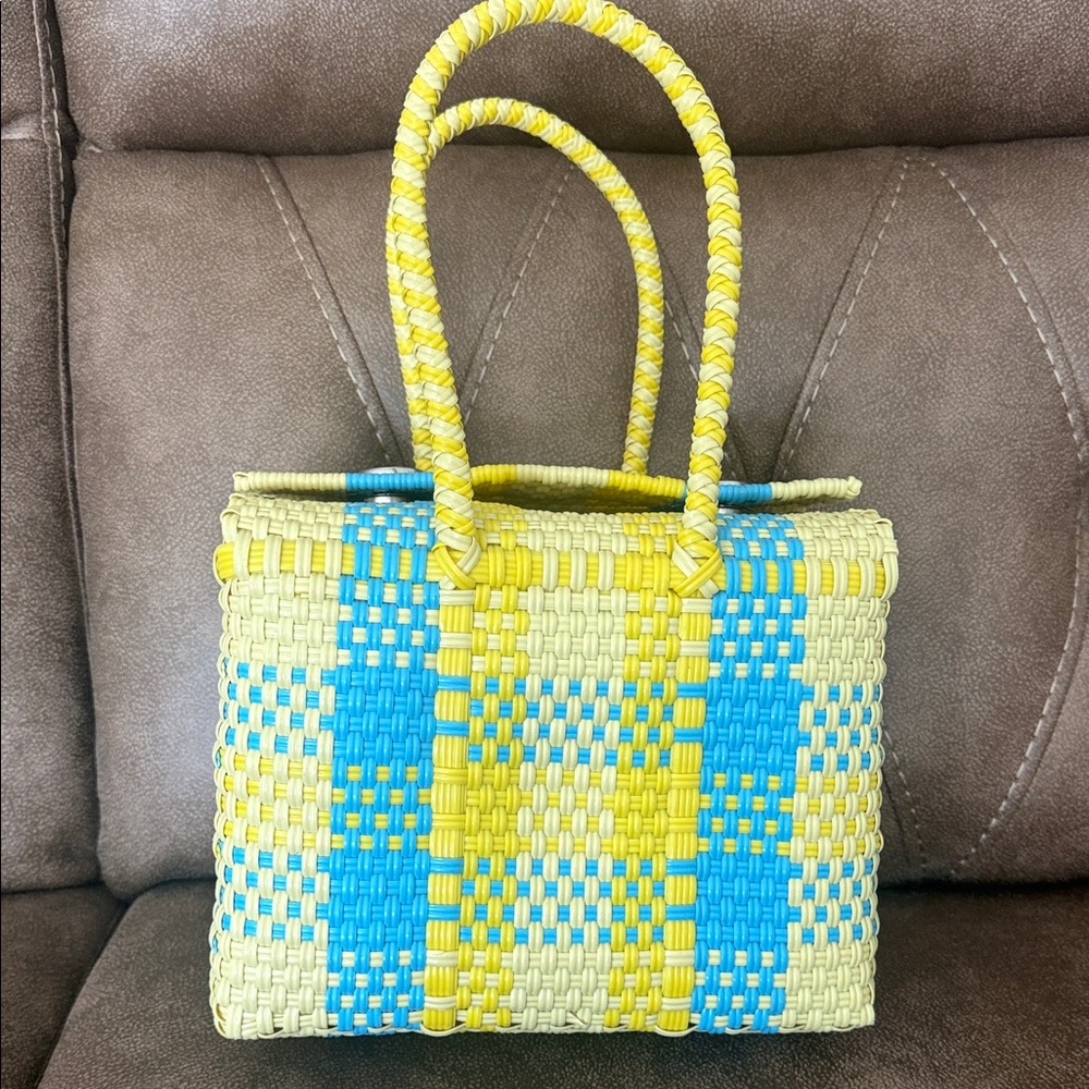 Stylish Yellow and Blue Woven Tote Bag